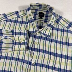 BLUE by Saks Fifth Avenue Men's L 100%‎ Linen Button Up Plaid L/S Coastal Shirt